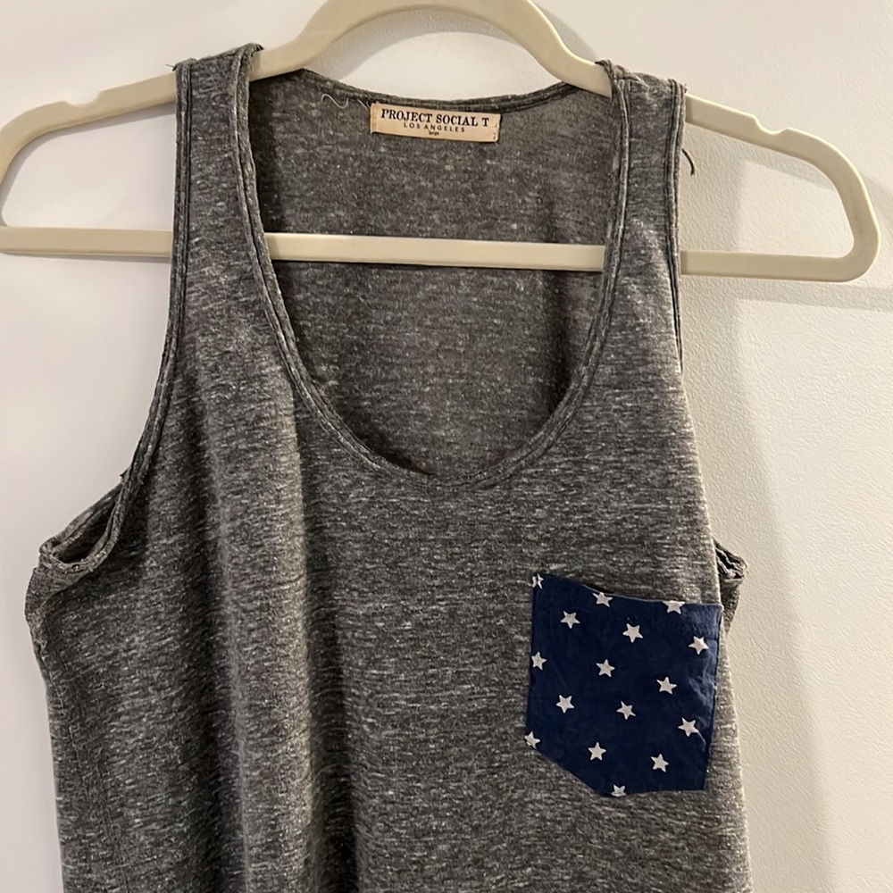 Project Social T Gray American Flag Stars Pocket Racerback Tank Top